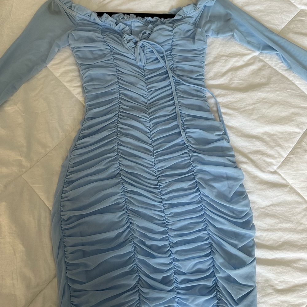 Elegant Blue Off-Shoulder Ruched Dress